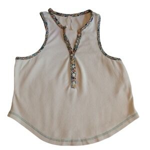 Anthropologie Sleeveless Waffle Knit Henley Tank Top L Floral Trim Made in India